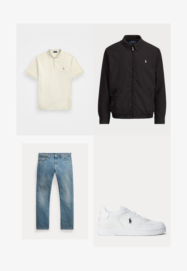 Melna aizdare uz rāvējslēdzēja jaka ar klasisku apkakli, elastīgiem piedurknēm un apakšmalu, ar mazu izšuvumu kreisajā krūšu kabatā.; Polo Ralph Lauren Big & Tall SOFT COTTON POLO SHIRT - Polo krekls - parchment cream; Gai zilu denima bikses ar taisnu griezumu, pogu aizdari, piecām kabatām, mazu izbalējumu un piktošu akcentu.; Balts sporta apavu ar teksturētu ādas augšu, apaļu purngalu, plakaniem auklām un melnu logotipu sānos. Gumijas zolīte ar saķeres rakstu.