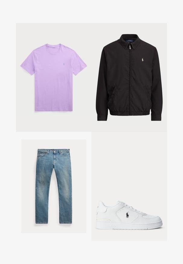 Černá zipová bunda s klasickým límcem, elastickými manžetami a lemem, s malým vyšitým logem na levé kapse.; Svetle fialové tričko s krátkým rukávem vyrobené z bavlny, s kulatým výstřihem a malým vyšitým logem na levé části hrudi.; Světle modré džíny s rovnými nohavicemi, zapínání na knoflíky, pět kapes, jemné vyblednutí a akcenty šití.; Bílá sportovní obuv s texturovaným koženým svrškem, zaoblenou špičkou, plochými tkaničkami a černým logem na boku. Gumová podrážka s protiskluzovým vzorem.