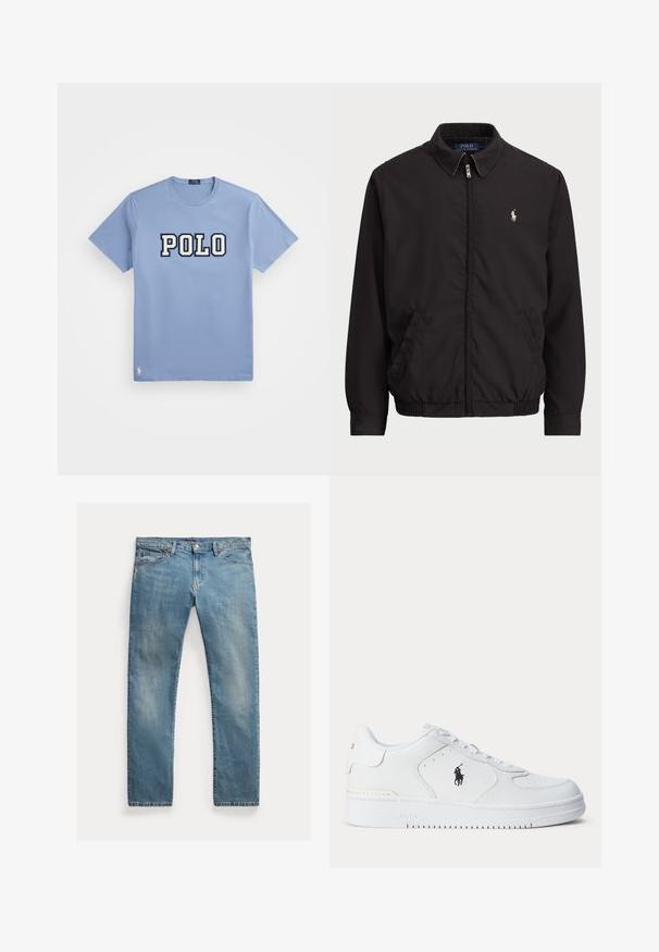 Melna aizdare uz rāvējslēdzēja jaka ar klasisku apkakli, elastīgiem piedurknēm un apakšmalu, ar mazu izšuvumu kreisajā krūšu kabatā.; Gaiši zils kokvilnas T-krekls ar apaļu kakla izgriezumu, uz kura redzams liels "POLO" logo baltā un tumši zilā krāsā, kā arī mazs logo akcents apakšmalā.; Gai zilu denima bikses ar taisnu griezumu, pogu aizdari, piecām kabatām, mazu izbalējumu un piktošu akcentu.; Balts sporta apavu ar teksturētu ādas augšu, apaļu purngalu, plakaniem auklām un melnu logotipu sānos. Gumijas zolīte ar saķeres rakstu.
