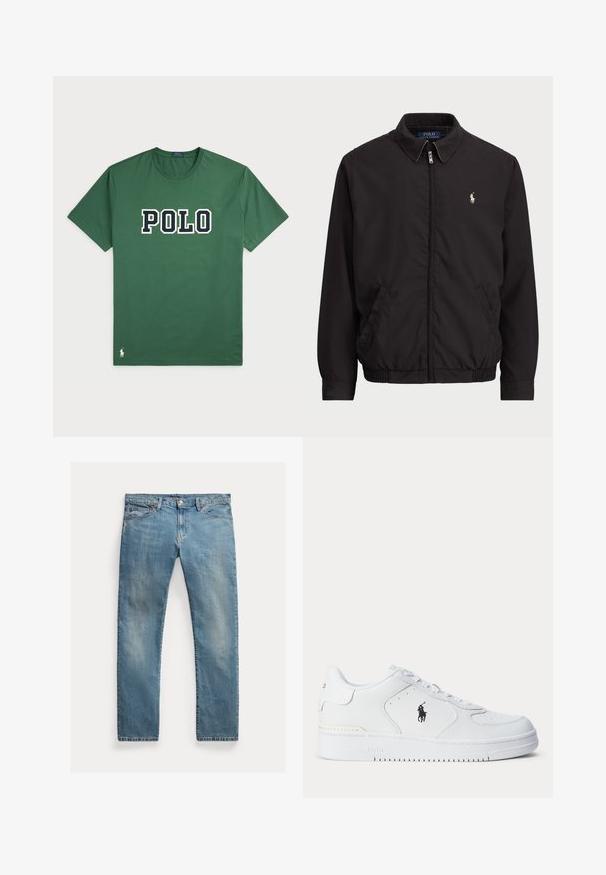 Must mustripael, klassikalise kraega, elastsete mansettide ja alläänega must jakk, millel on vasakul rinnataskul väike tikandlogoga. ; Roheline puuvillane T-särk, millel on suur valge ja tumesinine "POLO" logo. Lühikesed varrukad, ümmargune kaelus ja väike logo detail ääres.; Hele sinine teksapüksid sirge lõikega, nööbiliuguriga kinnitamine, viis taskut, peen kulumine ja õmbluse aktsendid.; Valge sportlik jalanõu tekstureeritud nahast pealiskihiga, ümmarguse ninaga, tasaste paeltega ja musta logoga küljes. Kummist tald haardemustriga.