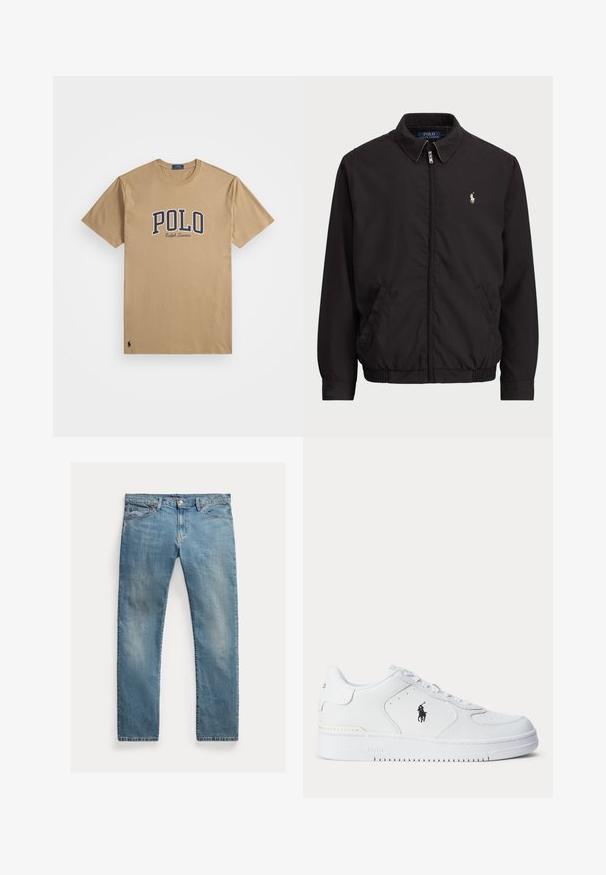 Juodas zip-up džemperis su klasikiniu apykakle, elastingomis rankogaliais ir apačia, su mažuoju siuvinėtu logotipu kairiajame krūtinės kišenėje.; Bege trumpa rankovėmarškiniai su "POLO Ralph Lauren" tekstu jūrinės ir baltos spalvos ant krūtinės, nedidelis polo žaidėjo logotipas arti apatinio krašto.; Šviesiai mėlynos džinsinės kelnės su tiesia kirpimu, mygtukų užsegimu, penkiais kišenėmis, švelnia nublukimu ir siūlų akcentais.; Balti sportiniai batai su tekstūruota odine viršutine dalimi, apvalia nosimi, plokščia raištelių sistema ir juodu logotipu šone. Guminis padas su sukibimo raštu.