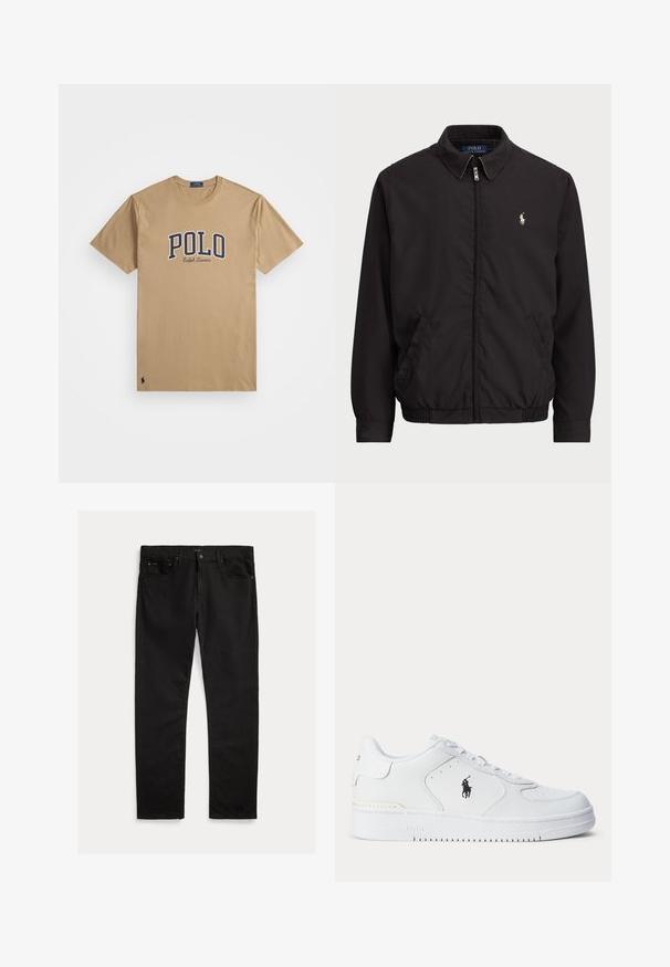 Melna aizdare uz rāvējslēdzēja jaka ar klasisku apkakli, elastīgiem piedurknēm un apakšmalu, ar mazu izšuvumu kreisajā krūšu kabatā.; Beidzītas, īsām piedurknēm, bēša t-krekls ar "POLO Ralph Lauren" tekstu tumši zilā un baltā krāsā uz krūts, neliels polo spēlētāja logo netālu no apakšējā maliņa.; Melnas džinsas ar taisnu kāju griezumu, piecu kabatu dizainu un smalku faktūru. Metāla pogas un rāvējslēdzēja aizdare.; Balts sporta apavu ar teksturētu ādas augšu, apaļu purngalu, plakaniem auklām un melnu logotipu sānos. Gumijas zolīte ar saķeres rakstu.