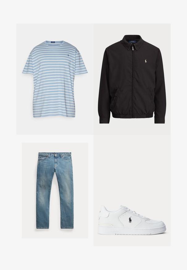 Juodas zip-up džemperis su klasikiniu apykakle, elastingomis rankogaliais ir apačia, su mažuoju siuvinėtu logotipu kairiajame krūtinės kišenėje.; Polo Ralph Lauren Big & Tall STRIPED JERSEY CREWNECK T-SHIRT - Marškinėliai su spaudiniu - vessel blue/nevis; Šviesiai mėlynos džinsinės kelnės su tiesia kirpimu, mygtukų užsegimu, penkiais kišenėmis, švelnia nublukimu ir siūlų akcentais.; Balti sportiniai batai su tekstūruota odine viršutine dalimi, apvalia nosimi, plokščia raištelių sistema ir juodu logotipu šone. Guminis padas su sukibimo raštu.