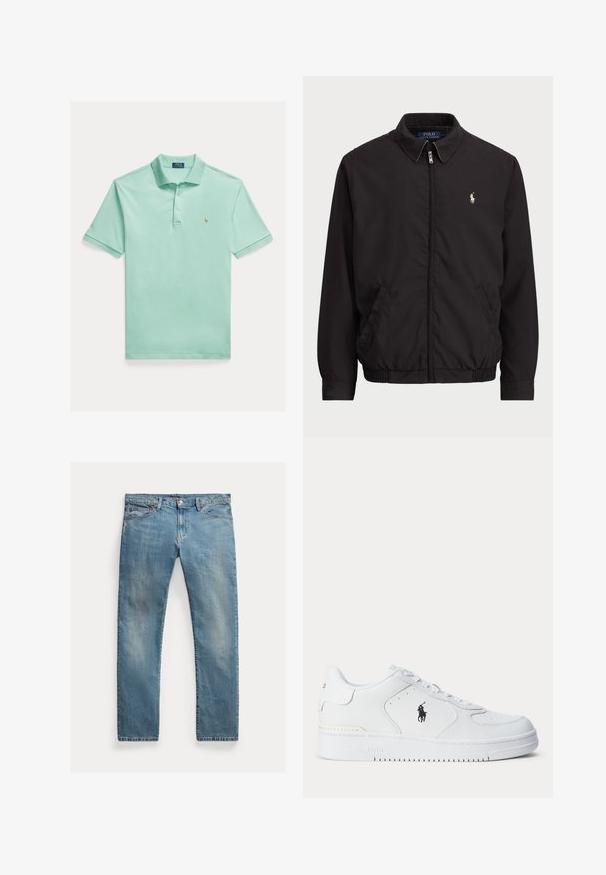 Fekete cipzáros dzseki klasszikus gallérral, elasztikus mandzsettákkal és alján, a bal mellzseben egy kis hímzett logóval.; Polo Ralph Lauren Big & Tall SOFT COTTON POLO SHIRT - Pólóing - celadon; Világoskék farmernadrág egyenes szabásban, gombos záródással, öt zsebbel, enyhe kopással és varrási díszítésekkel.; Fehér sportcipő texturált bőr felsőrésszel, kerek orral, lapos fűzőkkel, és oldalt fekete logóval. Gumi talp tapadást biztosító mintázattal.