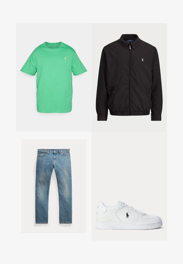 Černá zipová bunda s klasickým límcem, elastickými manžetami a lemem, s malým vyšitým logem na levé kapse.; Zelené bavlněné tričko s kulatým výstřihem, krátkým rukávem a malým žlutým logem na levé straně hrudi. Hladká textura, volný střih.; Světle modré džíny s rovnými nohavicemi, zapínání na knoflíky, pět kapes, jemné vyblednutí a akcenty šití.; Bílá sportovní obuv s texturovaným koženým svrškem, zaoblenou špičkou, plochými tkaničkami a černým logem na boku. Gumová podrážka s protiskluzovým vzorem.