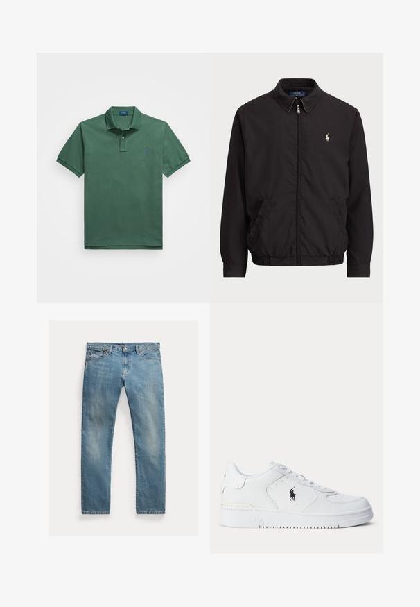 Čierna zipsová bunda s klasickým golierom, elastickými manžetami a leme, s malým vyšitým logom na ľavej náprsnej vrecku.; Zelená polo košeľa s klasickým golierom, krátkymi rukávmi a malým modrým logom na ľavej hrudi. Vyrobená z hladkej bavlnenej látky.; Svetlomodré riflové nohavice s rovnými nohavicami, zapínanie na gombíky, päť vreciek, jemné vyblednutie a akcenty v šití.; Biela športová obuv s textúrovaným koženým zvrškom, guľatou špičkou, plochými šnúrkami a čiernym logom na boku. Gumená podrážka s trakčným vzorom.