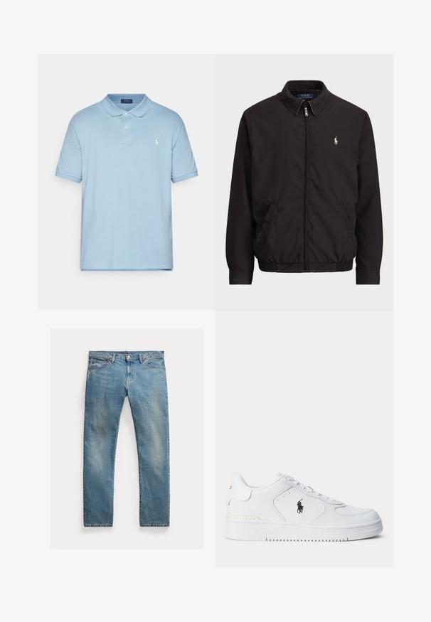 Czarna kurtka zapinana na zamek błyskawiczny z klasycznym kołnierzem, elastycznymi mankietami i dołem, z małym haftowanym logo na lewej kieszeni na klatce piersiowej.; Polo Ralph Lauren Big & Tall - Koszulka polo; Jasnoniebieskie dżinsy o prostym kroju, zapinane na guziki, z pięcioma kieszeniami, delikatnym wypłowieniem i przeszyciami.; Biały sportowy but z fakturowaną skórzaną cholewką, okrągłym noskiem, płaskimi sznurowadłami oraz czarnym logo po boku. Gumowa podeszwa z wzorem bieżnika.