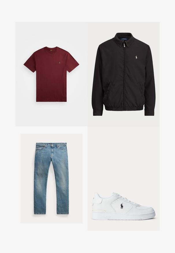 Jachetă neagră cu fermoar, cu guler clasic, manșete și tiv elastic, având un mic logo brodat pe buzunarul stâng al pieptului.; Tricou din bumbac burgund cu mâneci scurte, decolteu rotund și un mic logo verde brodat pe pieptul stâng. Textură netedă.; Jeans din denim de un albastru deschis, cu croială dreaptă, închidere cu buton, cinci buzunare, estompare subtilă și accente de cusătură.; Pantof sport alb cu partea superioară din piele texturată, vârf rotund, șireturi plate și un logo negru pe lateral. Talpă de cauciuc cu model antiderapant.