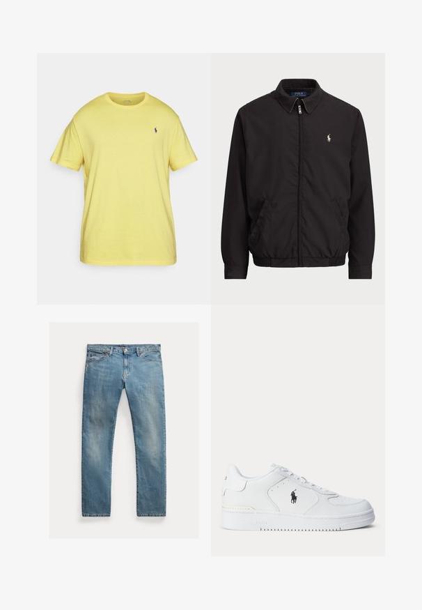 Černá zipová bunda s klasickým límcem, elastickými manžetami a lemem, s malým vyšitým logem na levé kapse.; Polo Ralph Lauren Big & Tall JERSEY CREWNECK T-SHIRT - Jednoduché tričko - lemon rind; Světle modré džíny s rovnými nohavicemi, zapínání na knoflíky, pět kapes, jemné vyblednutí a akcenty šití.; Bílá sportovní obuv s texturovaným koženým svrškem, zaoblenou špičkou, plochými tkaničkami a černým logem na boku. Gumová podrážka s protiskluzovým vzorem.