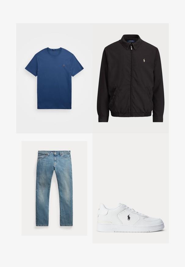 Svart zip-jacka med klassisk krage, elastiska ärmslut och nederkant, med en liten broderad logotyp på vänster bröstficka.; Polo Ralph Lauren Big & Tall SOFT COTTON CREWNECK T-SHIRT - T-shirt - bas - clancy blue; Ljusblå denimjeans med rak passform, knäppning med knapp, fem fickor, subtila blekningar och sömnadsdetaljer.; Vitt sportskor med strukturerad läderöverdel, rund tå, platta snören och en svart logotyp på sidan. Gummisula med mönster för grepp.