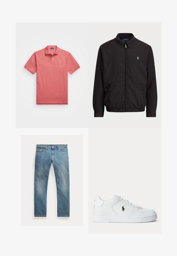Casaco preto com fecho zip, com colarinho clássico, punhos e bainha elásticos, apresentando um pequeno logótipo bordado no bolso esquerdo do peito.; Polo Ralph Lauren Big & Tall THE ICONIC MESH POLO SHIRT - Polo - adirondack berry; Jeans de denim azul claro com corte reto, fecho de botão, cinco bolsos, desbotamento subtil epontos de costura.; Sapatilha atlética branca com parte superior em couro texturizado, biqueira redonda, atacadores planos e um logótipo preto na lateral. Sola de borracha com padrão de tração.