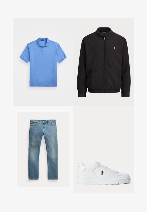 Juodas zip-up džemperis su klasikiniu apykakle, elastingomis rankogaliais ir apačia, su mažuoju siuvinėtu logotipu kairiajame krūtinės kišenėje.; Šviesiai mėlyna polo marškinėliai, pagaminti iš lygaus medvilnės audinio. Turi klasikinį apykaklę, tris mygtukus ir išsiuvinėtą logotipą kairėje krūtinės pusėje.; Šviesiai mėlynos džinsinės kelnės su tiesia kirpimu, mygtukų užsegimu, penkiais kišenėmis, švelnia nublukimu ir siūlų akcentais.; Balti sportiniai batai su tekstūruota odine viršutine dalimi, apvalia nosimi, plokščia raištelių sistema ir juodu logotipu šone. Guminis padas su sukibimo raštu.