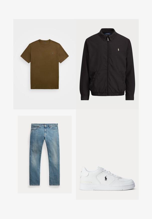 Juodas zip-up džemperis su klasikiniu apykakle, elastingomis rankogaliais ir apačia, su mažuoju siuvinėtu logotipu kairiajame krūtinės kišenėje.; Ruda medvilnė marškinėliai su apvalia iškirpte ir trumpomis rankovėmis. Yra mažas mėlynas logotipas kairėje krūtinės pusėje. Lygus paviršius, kasdienis dizainas.; Šviesiai mėlynos džinsinės kelnės su tiesia kirpimu, mygtukų užsegimu, penkiais kišenėmis, švelnia nublukimu ir siūlų akcentais.; Balti sportiniai batai su tekstūruota odine viršutine dalimi, apvalia nosimi, plokščia raištelių sistema ir juodu logotipu šone. Guminis padas su sukibimo raštu.