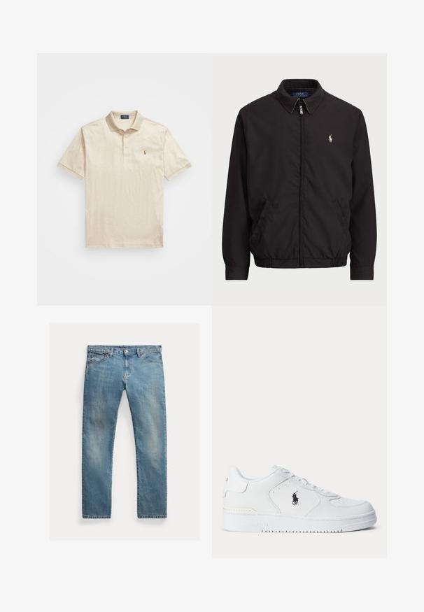 Juodas zip-up džemperis su klasikiniu apykakle, elastingomis rankogaliais ir apačia, su mažuoju siuvinėtu logotipu kairiajame krūtinės kišenėje.; Bežinė polo marškinėliai, pagaminti iš tekstūruoto medvilnės, su trimis mygtukais ir trumpomis rankovėmis. Ant kairiojo krūtinės yra mažas logotipas.; Šviesiai mėlynos džinsinės kelnės su tiesia kirpimu, mygtukų užsegimu, penkiais kišenėmis, švelnia nublukimu ir siūlų akcentais.; Balti sportiniai batai su tekstūruota odine viršutine dalimi, apvalia nosimi, plokščia raištelių sistema ir juodu logotipu šone. Guminis padas su sukibimo raštu.