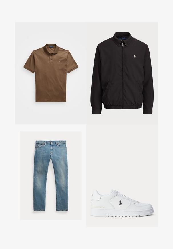 Svart zip-jacka med klassisk krage, elastiska ärmslut och nederkant, med en liten broderad logotyp på vänster bröstficka.; Brun polo-skjorta i mjukt tyg, med krage, två knappar, korta ärmar och en liten broderad logotyp på bröstet.; Ljusblå denimjeans med rak passform, knäppning med knapp, fem fickor, subtila blekningar och sömnadsdetaljer.; Vitt sportskor med strukturerad läderöverdel, rund tå, platta snören och en svart logotyp på sidan. Gummisula med mönster för grepp.