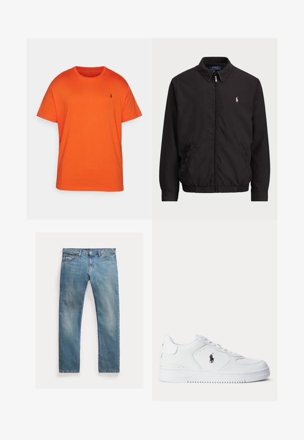 Černá zipová bunda s klasickým límcem, elastickými manžetami a lemem, s malým vyšitým logem na levé kapse.; Polo Ralph Lauren Big & Tall JERSEY CREWNECK T-SHIRT - Jednoduché tričko - college orange; Světle modré džíny s rovnými nohavicemi, zapínání na knoflíky, pět kapes, jemné vyblednutí a akcenty šití.; Bílá sportovní obuv s texturovaným koženým svrškem, zaoblenou špičkou, plochými tkaničkami a černým logem na boku. Gumová podrážka s protiskluzovým vzorem.