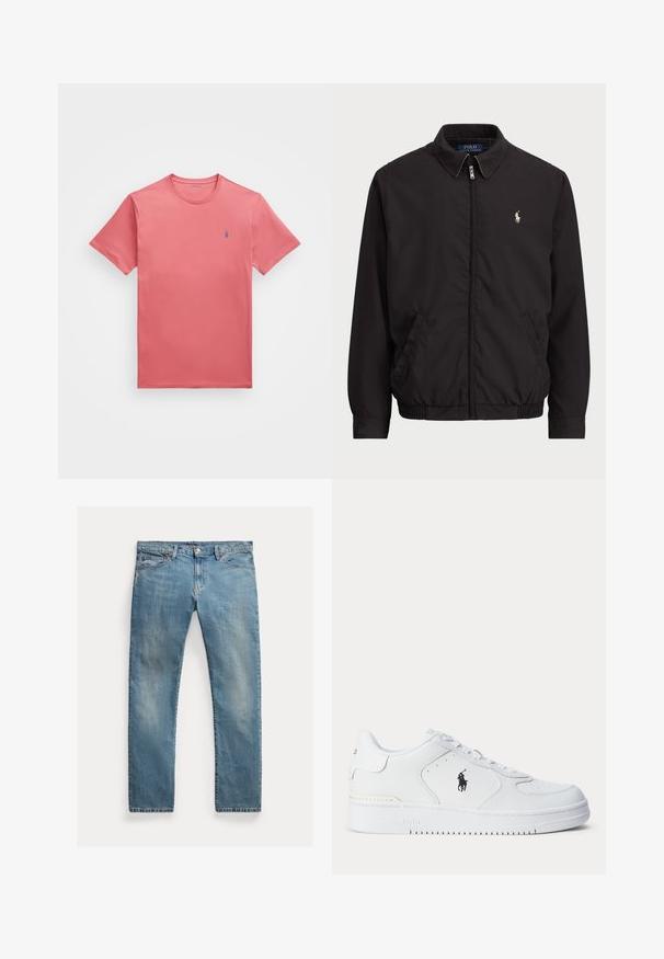 Černá zipová bunda s klasickým límcem, elastickými manžetami a lemem, s malým vyšitým logem na levé kapse.; Polo Ralph Lauren Big & Tall JERSEY CREWNECK T-SHIRT - Jednoduché tričko - adirondack berry; Světle modré džíny s rovnými nohavicemi, zapínání na knoflíky, pět kapes, jemné vyblednutí a akcenty šití.; Bílá sportovní obuv s texturovaným koženým svrškem, zaoblenou špičkou, plochými tkaničkami a černým logem na boku. Gumová podrážka s protiskluzovým vzorem.