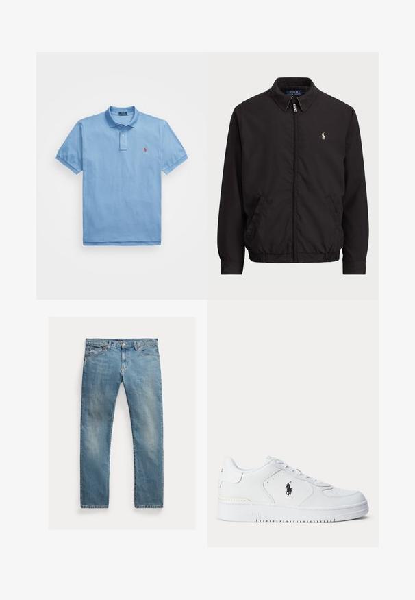 Casaco preto com fecho zip, com colarinho clássico, punhos e bainha elásticos, apresentando um pequeno logótipo bordado no bolso esquerdo do peito.; Polo azul claro feito de algodão com colarinho. Apresenta mangas curtas e um pequeno logótipo vermelho no lado esquerdo do peito. Textura suave.; Jeans de denim azul claro com corte reto, fecho de botão, cinco bolsos, desbotamento subtil epontos de costura.; Sapatilha atlética branca com parte superior em couro texturizado, biqueira redonda, atacadores planos e um logótipo preto na lateral. Sola de borracha com padrão de tração.