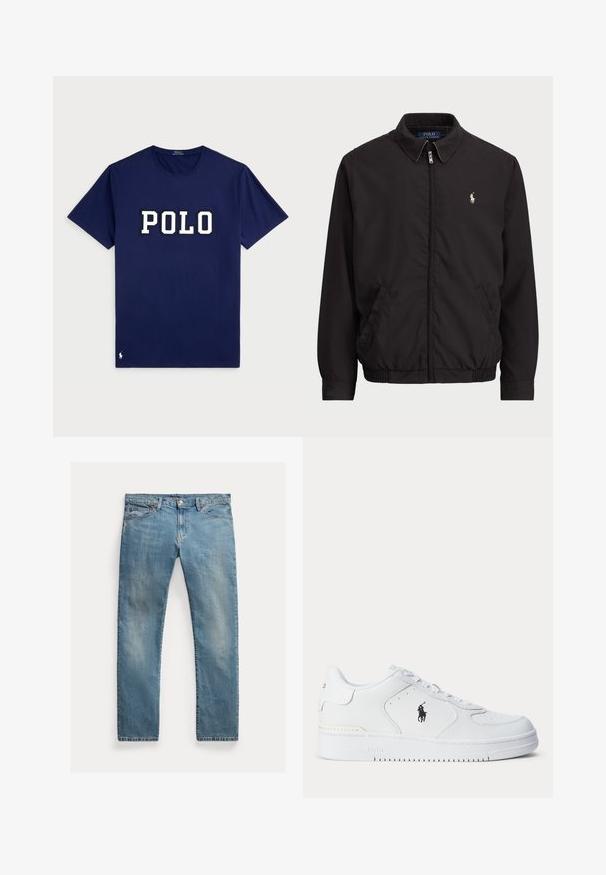 Melna aizdare uz rāvējslēdzēja jaka ar klasisku apkakli, elastīgiem piedurknēm un apakšmalu, ar mazu izšuvumu kreisajā krūšu kabatā.; Jūras zilas kokvilnas T-krekls ar īsām piedurknēm, kuram ir liels balts "POLO" logotips drosmīgā fontā un mazs logotipa elements uz apakšmalas.; Gai zilu denima bikses ar taisnu griezumu, pogu aizdari, piecām kabatām, mazu izbalējumu un piktošu akcentu.; Balts sporta apavu ar teksturētu ādas augšu, apaļu purngalu, plakaniem auklām un melnu logotipu sānos. Gumijas zolīte ar saķeres rakstu.