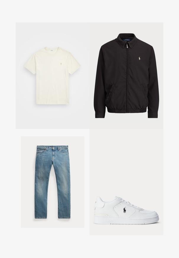 Černá zipová bunda s klasickým límcem, elastickými manžetami a lemem, s malým vyšitým logem na levé kapse.; Krátký rukáv krémový tričko vyrobené z bavlny, s malým vyšitým logem na levé straně hrudi. Hladká textura, kulatý výstřih.; Světle modré džíny s rovnými nohavicemi, zapínání na knoflíky, pět kapes, jemné vyblednutí a akcenty šití.; Bílá sportovní obuv s texturovaným koženým svrškem, zaoblenou špičkou, plochými tkaničkami a černým logem na boku. Gumová podrážka s protiskluzovým vzorem.