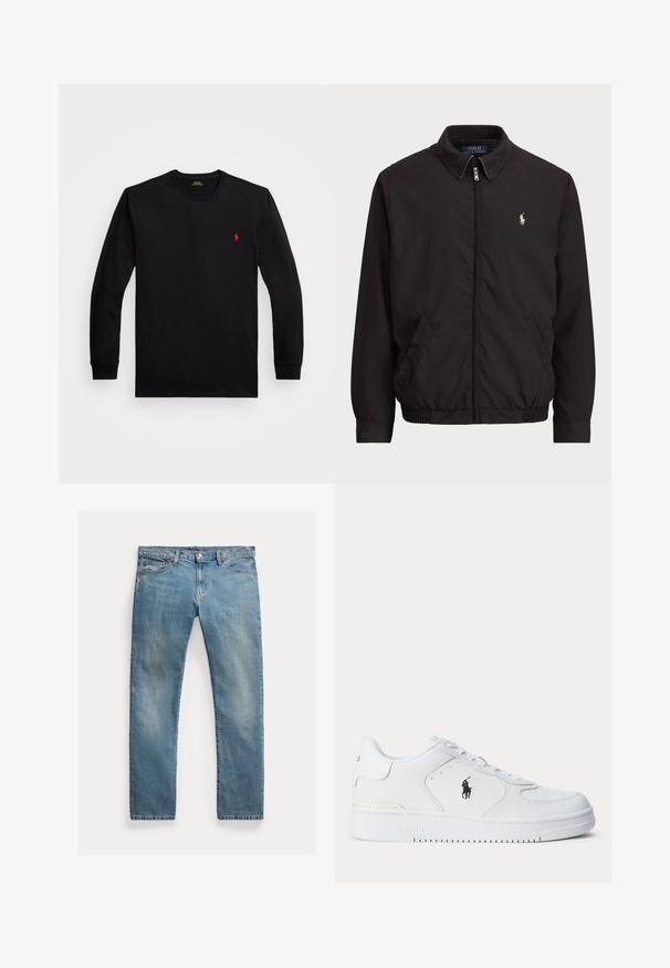 Juodas zip-up džemperis su klasikiniu apykakle, elastingomis rankogaliais ir apačia, su mažuoju siuvinėtu logotipu kairiajame krūtinės kišenėje.; Juoda medvilninė ilgomis rankovėmis marškinėliai su įvirintais rankogaliais, apvaliu iškirpimu ir mažu raudonu logotipu kairėje krūtinės pusėje. Lygus paviršius, prigludęs dizainas.; Šviesiai mėlynos džinsinės kelnės su tiesia kirpimu, mygtukų užsegimu, penkiais kišenėmis, švelnia nublukimu ir siūlų akcentais.; Balti sportiniai batai su tekstūruota odine viršutine dalimi, apvalia nosimi, plokščia raištelių sistema ir juodu logotipu šone. Guminis padas su sukibimo raštu.