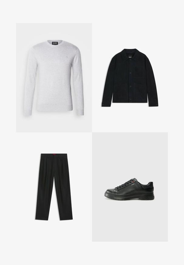 Veste en suédine bleu marine foncé avec un col pointu, fermeture à boutons sur le devant, deux grandes poches plaquées et de subtils détails de surpiqûres ton sur ton.; Pull en maille gris clair avec des manches longues, un col rond et un petit logo brodé sur la poitrine. Texture douce, design décontracté.; Pantalons noirs avec un design plissé, une coupe large et une texture lisse. Présente une étiquette de taille rouge.; Sneaker en cuir noir avec une tige texturée, un col rembourré et un détail de logo rouge. Caractéristiques d'une épaisse semelle en caoutchouc avec un motif de semelle distinct.