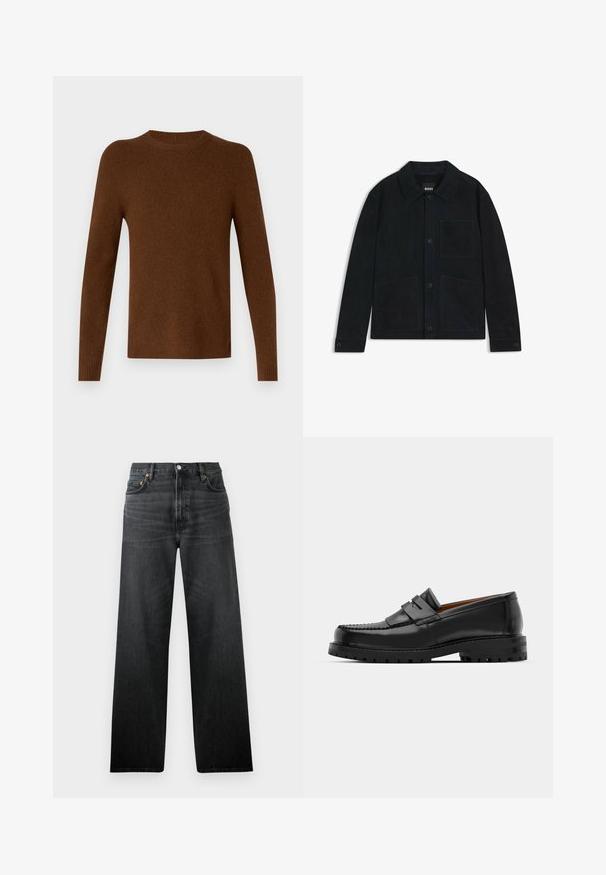 Dunkelblaues Wildlederjackett mit spitzem Kragen, vorderer Knopfleiste, zwei großen aufgesetzten Taschen und subtilen tonalen Stickdetails.; Brauner Pullover mit Rundhalsausschnitt, langen Ärmeln und einer glatten Textur. Gerippte Bündchen und Saum sorgen für eine enge Passform.; Schwarze Jeans aus Denim mit geradem Bein, ausgestattet mit fünf Taschen und einem Knopfverschluss. Der Stoff hat einen leichten Glanz und eine sichtbare Textur.; Schwarze Lederloafer verfügen über eine erhöhte Naht, zwei dekorative Riemen im oberen Bereich und eine dicke, strukturierte Sohle für zusätzlichen Halt.