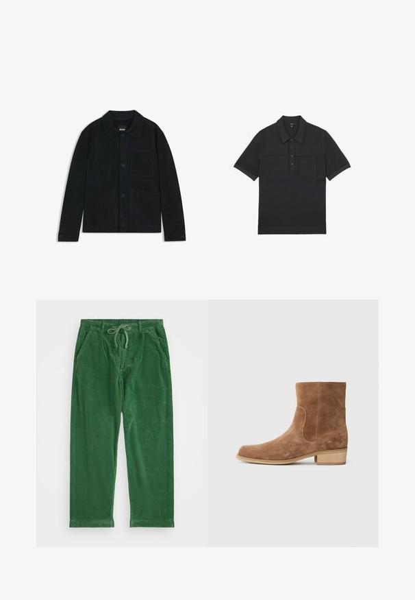 Giacca in suede blu scuro con colletto a punta, chiusura frontale con bottoni, due grandi tasche applicate e delicati dettagli di cucitura tonale.; Reiss REGULAR FIT BLINKER PRESS STUD SEAM DETAIL - Polo - navy; Pantaloni in corduroy verde con vita elastica, chiusura con cordoncino e due tasche laterali; presenta una texture a coste verticali.; Stivaletti in suede marrone con punta leggermente arrotondata, tacco in legno basso e impilato, pannelli elastici ai lati e cuciture lisce lungo le giunture.