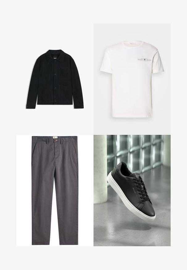 Mörkblå sammetjacka med spetsig krage, framknäppning med knappar, två stora påsydda fickor och subtila ton-i-ton stickningsdetaljer.; Vit bomull t-shirt med rund halsringning, korta ärmar och tryckt logotyp. Har en minimalistisk design och avslappnad passform.; Grå bomullsbukser med rak passform, knappstängning och sidofickor. Slät textur med subtila sömnadsdetaljer.; Svart lädersneaker med vit gummisul, rund tå och snörning. Har en slät yta och diskret branding på tungan.