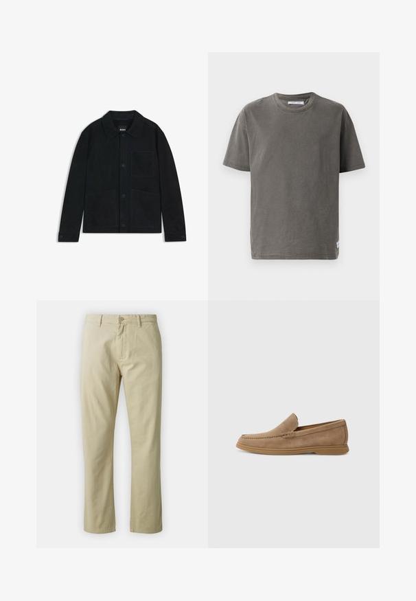 Dark navy suede jacket featuring a pointed collar, front button closure, two large patch pockets, and subtle tonal stitching details.; Gray cotton short-sleeve T-shirt with a round neckline, featuring a slightly faded texture and a side slit at the hem for added detail.; Beige cotton trousers with a straight-leg design, front button closure, and belt loops. Smooth texture, no visible patterns or accents.; Brown suede slip-on loafers with a smooth texture and stitched detailing; features a rubber sole for traction.