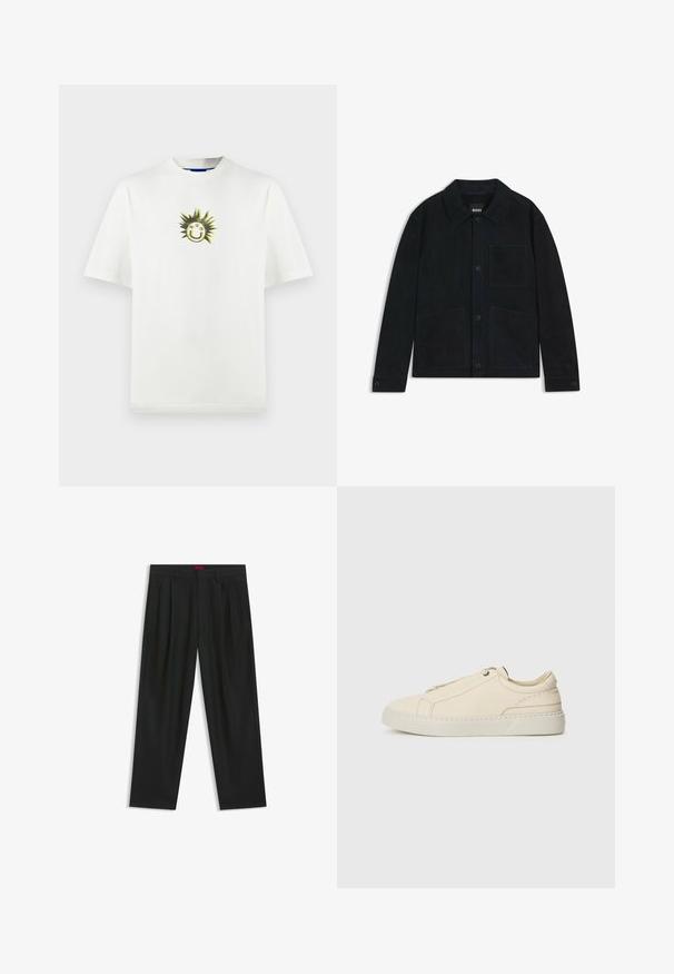 Donker marineblauwe suède jas met een spitse kraag, sluiting met knopen aan de voorkant, twee grote opgestikte zakken en subtiele ton-sur-ton stikdetails.; Witte katoenen t-shirt met een grafisch ontwerp van een lachende zon met stekelige stralen en de tekst "HGO", ronde hals, relaxed fit, korte mouwen.; Zwarte broek met een geplooid ontwerp, wijde pijpen en een zachte textuur. Voorzien van een rode taillebandlabel.; Beige leren sneaker met een ronde neus, minimalistisch ontwerp, subtiele stikdetails en een gestructureerde bovenkant, op een lichte zool.