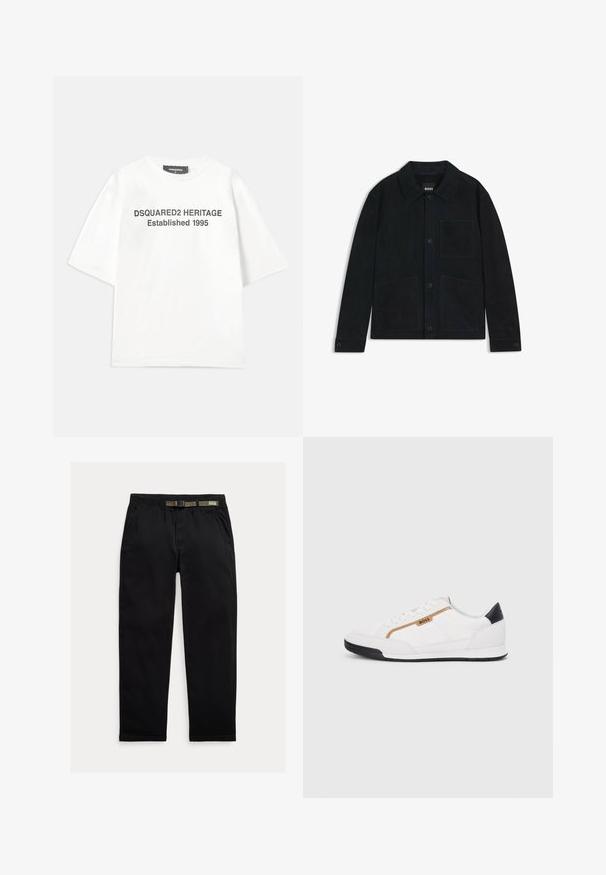 Veste en suédine bleu marine foncé avec un col pointu, fermeture à boutons sur le devant, deux grandes poches plaquées et de subtils détails de surpiqûres ton sur ton.; Dsquared2 T-shirt imprimé - white; Pantalon noir en tissu léger, avec une taille élastique intégrant une ceinture verte, coupe droite et poches latérales.; Baskets blanches avec des accents en maille et en cuir. Caractéristiques d'un logo "BOSS" doré, de panneaux latéraux texturés et d'un capuchon de talon noir. Semelle en caoutchouc.