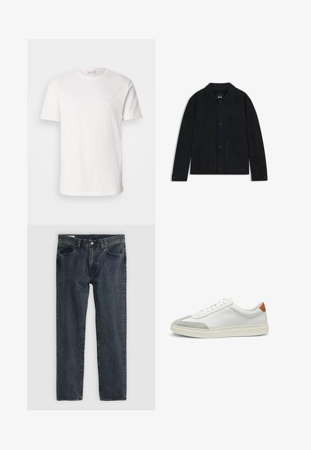 Dunkelblaues Wildlederjackett mit spitzem Kragen, vorderer Knopfleiste, zwei großen aufgesetzten Taschen und subtilen tonalen Stickdetails.; Weißes Baumwoll-T-Shirt mit kurzen Ärmeln, das ein dezentes geprägtes Logo auf der Brust trägt. Klassisches Rundhalsausschnitt-Design, glatte Textur.; Dunkelblaue Jeans aus Denim mit geradem Bein, fünf Taschen und einem Knopfverschluss. Der Stoff weist eine subtile Ausbleichung und Textur auf.; Weiße Leder-Sneaker mit grauen Wildlederakzenten und einer sandfarbenen Lederfersenschlaufe. Sie verfügen über eine strukturierte Oberfläche und eine leichte Sohle.