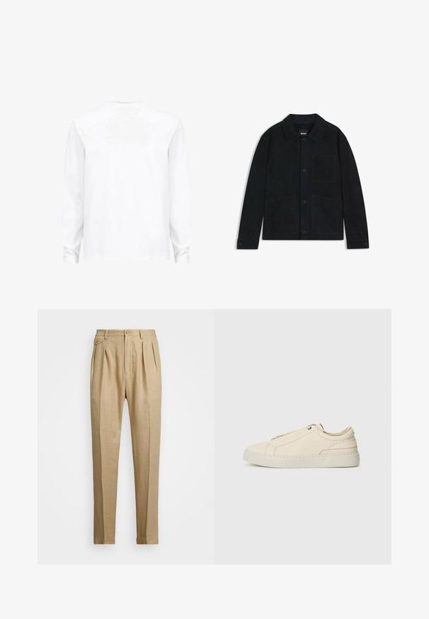 Donker marineblauwe suède jas met een spitse kraag, sluiting met knopen aan de voorkant, twee grote opgestikte zakken en subtiele ton-sur-ton stikdetails.; AllSaints CREW - Longsleeve - white; Beige linnen broek met een rechte snit, voorzien van twee voorplooien, een knoopsluiting en zijzakken. Gestructureerde stof met een gladde afwerking.; Beige leren sneaker met een ronde neus, minimalistisch ontwerp, subtiele stikdetails en een gestructureerde bovenkant, op een lichte zool.