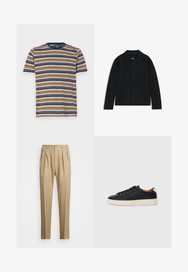 Donker marineblauwe suède jas met een spitse kraag, sluiting met knopen aan de voorkant, twee grote opgestikte zakken en subtiele ton-sur-ton stikdetails.; Gestreept T-shirt met korte mouwen, met horizontale bruine, marineblauwe, witte en blauwe strepen; van katoen, ronde halslijn, klein logo op de borst.; Beige linnen broek met een rechte snit, voorzien van twee voorplooien, een knoopsluiting en zijzakken. Gestructureerde stof met een gladde afwerking.; Zwarte leren sneakers met een gladde textuur, beige rubberen zool, vetersluiting en een contrasterende hielaccent.