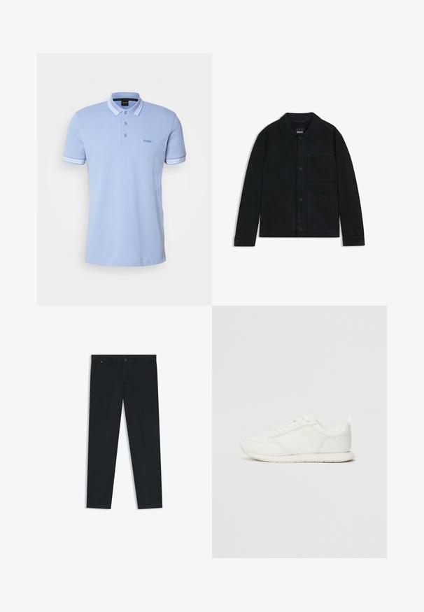 Mörkblå sammetjacka med spetsig krage, framknäppning med knappar, två stora påsydda fickor och subtila ton-i-ton stickningsdetaljer.; BOSS PADDY - Piké - open blue; Herrens mörkblå byxor i lättviktsmaterial. Har knappstängning, bälteshällor och två sidofickor. Rakt ben-design.; Vita sneakers med ett överdel i mesh och syntetmaterial, rund tå, platta snörning, och ett texturerat sidostreck. Gummisula med en dragflik bak.