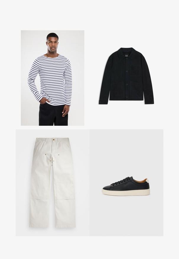 Mørkeblå suedjakke med spidse krave, frontlukning med knapper, to store påsydde lommer og subtile tonale stikninger.; Langærmet stribet skjorte med marineblå og hvide vandrette striber, rund halsudskæring og en afslappet pasform, lavet af bomuldsstof.; Hvide bomuldsbukser med en afslappet pasform, der har forlommer, guld hardware detaljer og knælapper.; Sorte lædersneakers med en glat overflade, beige gummisål, snørebåndsdesign og en kontrastfarvet hæl.