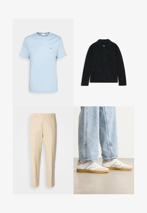 Mørkeblå suedjakke med spidse krave, frontlukning med knapper, to store påsydde lommer og subtile tonale stikninger.; Lyseblå bomulds T-shirt med rund hals, korte ærmer og et lille broderet logo på brystet. Glat tekstur, standard pasform.; Lyse beige chino-bukser med lige ben-design, stoffet har en glat tekstur, med en knaplukning foran og to sidelommer.; Hvide sneakers med beige ruskindsdetaljer og lyse gummisåler; har et low-top design og tekstureret detaljering på overdelen.