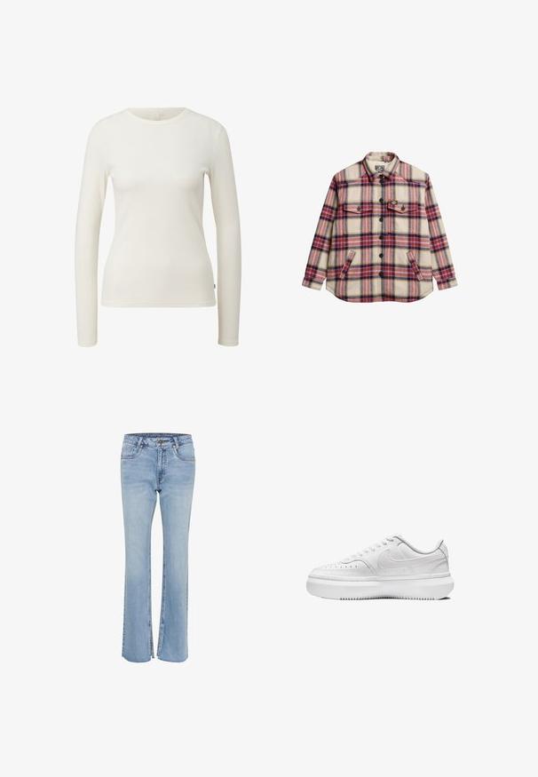 Koszula flanelowa w kratę w kolorze kremowym, czerwonym, fioletowym i żółtym. Posiada dwie kieszenie na piersi, czarne guziki i zaokrąglony dół.; Długi rękaw, prążkowany top w kolorze wanicowym. Posiada okrągły dekolt i dopasowany krój. Miękka tekstura z minimalną liczbą szwów. Metka z rozmiarem 'S'.; Jasnoniebieskie dżinsy z rozkloszowanymi nogawkami i rozcięciami na końcach. Zawierają standardowe kieszenie i zapięcie na guzik w talii.; Białe sneakersy z gładką skórzaną cholewką, okrągłym noskiem, perforowanymi detalami i grubą, białą gumową podeszwą. Posiadają logo na boku oraz płaskie sznurówki.