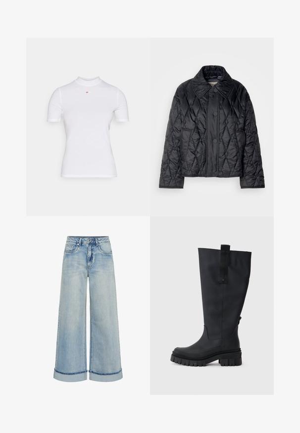 Fekete steppelt dzseki fényes nylonból. Nagy gallérral, gyémántmintás varrással és három elülső gombbal rendelkezik. A ujjai kicsit szélesebbek.; Fehér, bordázott, rövid ujjú póló magas nyakkal és egy kis piros logóval a mellkas közepén. Sima textúra, testhezálló kialakítás.; Világoskék farmer széles szárú nadrág magas derékkal, hajtott szegéllyel, öt zsebbel és kontrasztos varrással.; Fekete, térd fölé érő, gumibakancs vastag talppal, texturált tapadással, és szövethúzóval a tetején a könnyebb felhúzás érdekében. Simaság, matt felület.