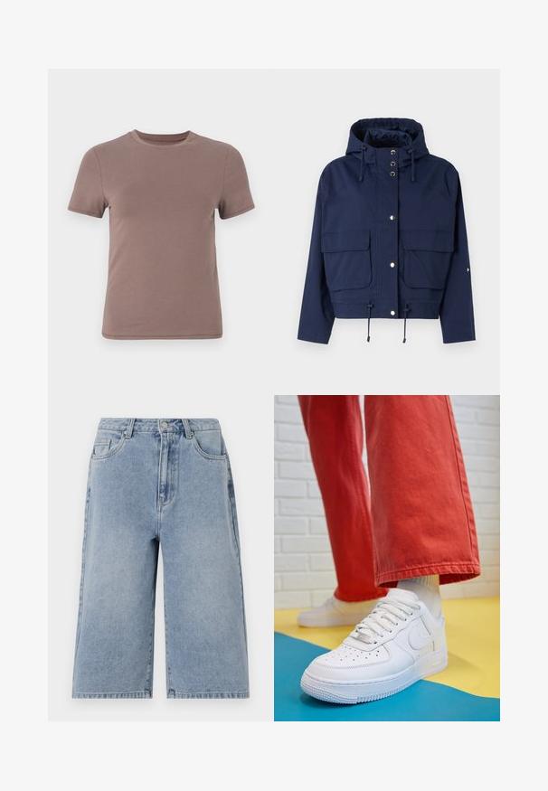 Tamsiai mėlyna gobtuvinė striukė su raišteliu, dviem priekinėmis kišenėmis, užsegimu mygtukais ir trumpesniu dizainu. Lygus paviršius ir lengvas audinys.; Trumpas rankovėmis marškinėliai subtilios rudos spalvos, pagaminti iš lygios medvilnės, su klasikiniu apvaliu iškirpimu ir minimaliais siūlių akcentais.; Šviesiai mėlynos džinsinės šortai su laisvu siluetu, vidutinio aukščio juosmeniu ir matomu siuvimu. Yra šoninės ir galinės kišenės, taip pat mygtukų uždarymas.; Baltos odinės kedų sportbačiai su perforuotu pirštu, tekstūruota pado dalimi ir baltais raišteliais, derinami su plačiomis raudonomis kelnėmis ir mėlynos bei geltonos spalvų fono kompozicija.