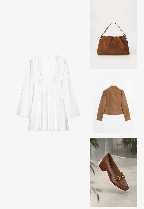 Bruine suède jas met lange mouwen en een korte kraag, van achteren weergegeven op een witte achtergrond.; Witte blouse met lange mouwen en V-hals, ruches op de schouders, kantaccenten en een losse pasvorm, gemaakt van lichtgewicht stof.; Bruine lakleren loafer met vierkante neus, metallic kettingaccent en lage blokhak; gladde textuur, minimalistisch ontwerp.; Bruine suède handtas met een geplooid ontwerp, voorzien van een enkele tan kleur leren schouderband en een subtiele gouden logo-detail aan de voorkant.