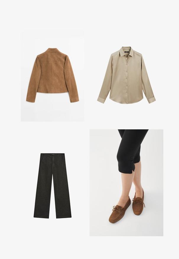 Hnědá zamšová bunda s dlouhými rukávy a krátkým límcem, zobrazená zezadu na bílém pozadí.; Beige košile s dlouhým rukávem a knoflíky, klasického střihu s límečkem a manžetami, hladká tkanina a mírně zakulacený lem.; Široké černé džíny s středním pasem, dvěma předními kapsami a čistým, minimalistickým designem bez viditelných ozdob.; Hnědé semišové mokasíny s kulatou špičkou, tkaničkovými detaily a nízkým profilem. Nošeny s černými zkrácenými legínami na bílém pozadí.