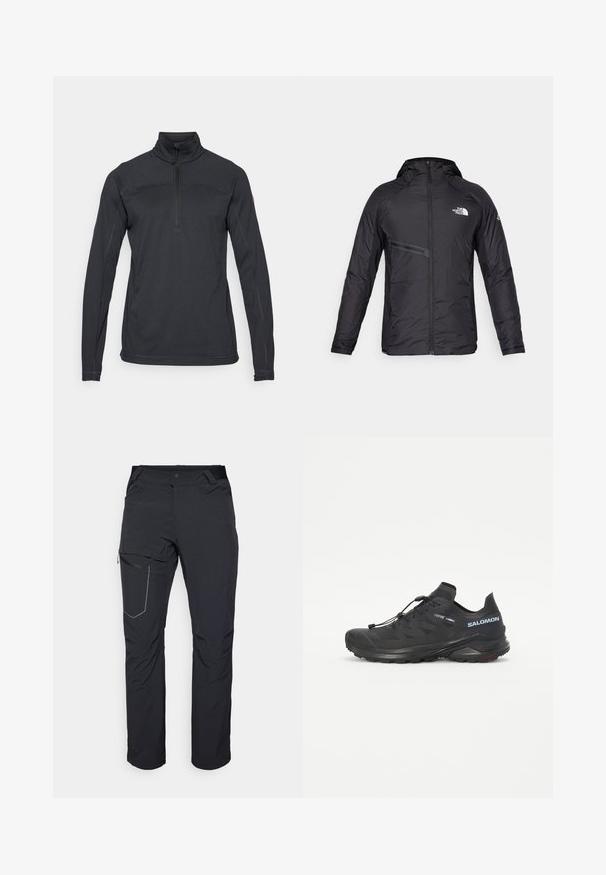 Crna izolirana kapućasta jakna s prednjim zatvaračem, bočnim džepom i logotipom. Glatka tekstura s modernim dizajnom.; Crni pulover s polu-zip zatvaračem, dugim rukavima, teksturiranom tkaninom i ojačanim šavovima. Ima logotip na rukavu.; Crne vanjske hlače s patentnim zatvaračem na butu, elastičnim pojasom i glatkim, vodootpornim materijalom. Čist dizajn bez vidljivih logotipa.; Crne trail tenisice za trčanje s teksturiranim gornjim dijelom, elastičnim vezicama i Contagrip potplatom. Imaju uski fit i zaštitni vrh.