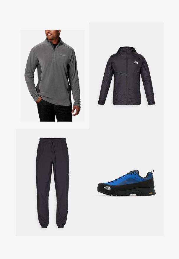 Črna izolirana jakna s kapuco, ki ima sprednji zadrgo, stranske žepe in logotipne detajle. Gladka tekstura z aerodinamičnim dizajnom.; Siv batalni pulover s četrtinskim zadrgo, mehak na dotik, dolge rokave in logo na prsih. Poudarjen s kontrastnimi stranskimi paneli.; Črne atletske hlače iz lahkega materiala, ki imajo elastični pas z vezalko, stranske žepe in zožene manšete na gležnjih.; The North Face VERTO ALPINE GORE TEX - Pohodniški čevlji - hero blue/tnf black
