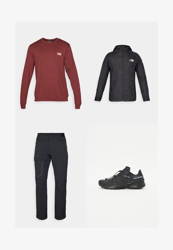 Czarna ocieplana kurtka z kapturem z zamkiem błyskawicznym z przodu, kieszeniami po bokach i akcentami logo. Gładka tekstura i nowoczesny wygląd.; Czerwona bluza z długim rękawem, wykonana z mieszanki bawełny, z prążkowanym dekoltem, mankietami oraz małą naszywką z logo na piersi.; Czarne spodnie outdoorowe z zamkiem błyskawicznym na udzie, elastycznym paskiem w talii oraz gładkim, wodoodpornym materiałem. Czysty design bez widocznych logo.; Czarne buty do biegania w terenie z teksturowaną cholewką, elastycznymi sznurówkami i podeszwą Contagrip. Charakteryzują się dopasowanym krojem oraz ochronną osłoną palców.