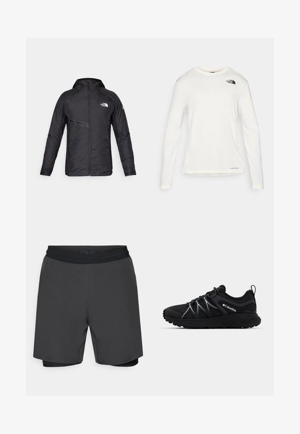 Black insulated hooded jacket featuring a front zipper, side pocket, and logo accents. Smooth texture with a streamlined design.; White long-sleeve shirt with a round neck, textured fabric, black logo on the left shoulder, and subtle branding at the bottom.; Men's shorts in dark gray, featuring a black elastic waistband and an inner fitted layer. Smooth texture, knee-length design.; Black athletic shoe with textured mesh upper, reflective accents, thick rubber sole, and elastic laces. Columbia logo visible on the side.