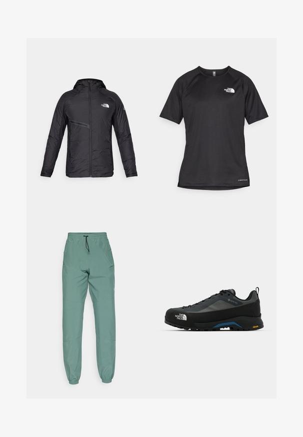 Μαύρο μπουφάν με κουκούλα και μόνωση με μπροστινό φερμουάρ, πλαϊνές τσέπες και λογότυπα. Λείο υλικό με κομψό σχέδιο.; Μαύρο αθλητικό μπλουζάκι με κοντά μανίκια και υφή, με λευκή λογότυπο στο αριστερό στήθος και ίσια ραφή.; Αθλητικές παντελόνες απαλού πράσινου χρώματος με ελαστική μέση και κορδόνι, με κωνικά μπατζάκια και πλαϊνές τσέπες. Λείος υφασμάτινος ιστός.; The North Face VERTO ALPINE GORE TEX - Παπούτσια πεζοπορίας - asphalt grey/tnf black
