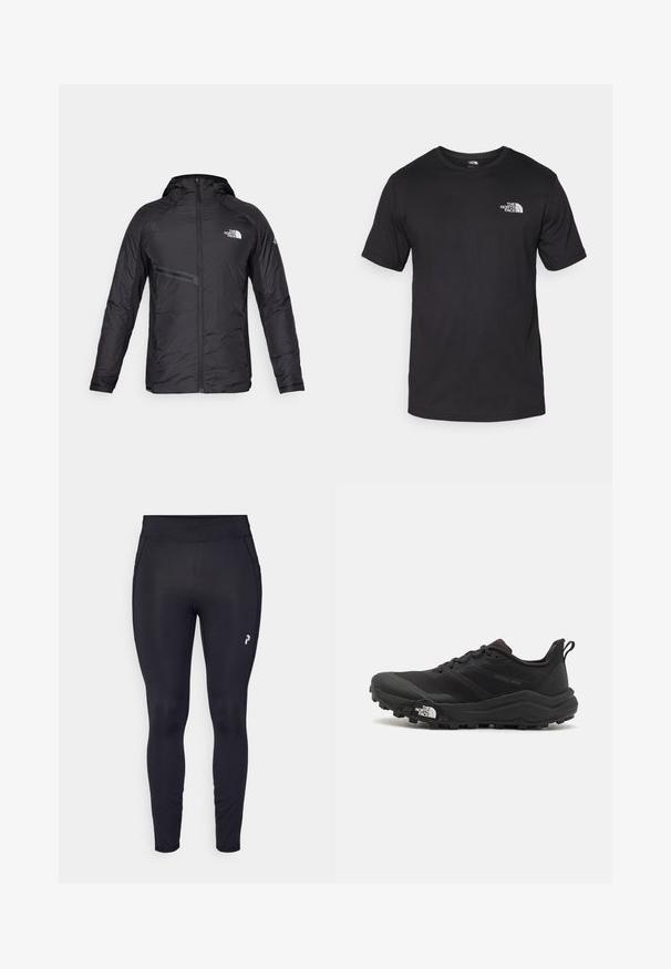 Mustavillane isoleeritud kapuutsiga jakk, millel on esi lukuga, küljetaskud ja logo aktsendid. Sile tekstuur ja voolujooneline disain.; Must have lühikeste varrukatega must T-särk, mis on valmistatud puuvillast, ümmarguse kaelusega ja väikese valge logoga vasakus ülanurgas.; Mustad mustriga mustad spordileggingsid, mis on valmistatud venivast kangast. Omavad kõrget vöökohta, sujuvat tekstuuri ja väikest logo külje peal.; Must tume jooksujalats musta värvi, tekstuurse ülemise osaga, kummist tallaga ja tugevdatud varbaga. Omab pehmendusega krae ja tõmblinti mugavaks selga panemiseks.