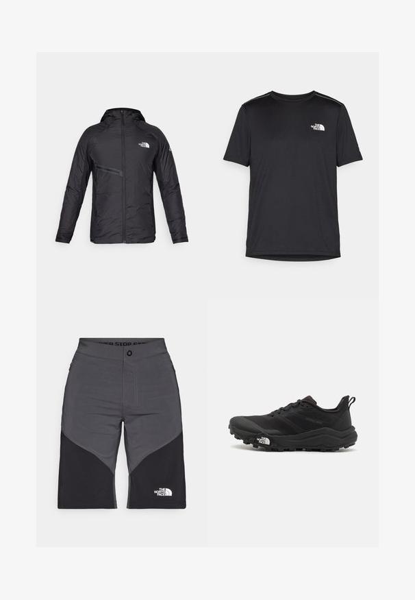 Casaco acolchoado preto com capuz, com fecho na frente, bolso lateral e detalhes de logotipo. Textura suave com um design aerodinâmico.; T-shirt preto de manga curta feito de um tecido leve. Apresenta um pequeno logo branco ao lado esquerdo do peito e detalhes subtis nos ombros.; Calções cinzentos e pretos com um design em painel, fecho de botão frontal e logótipo da The North Face. Feitos de um tecido leve e durável.; Sapatilha de trail running preta com um upper texturizado, sola de borracha e biqueira reforçada. Possui um colarinho acolchoado e uma alça para facilitar o calçar.